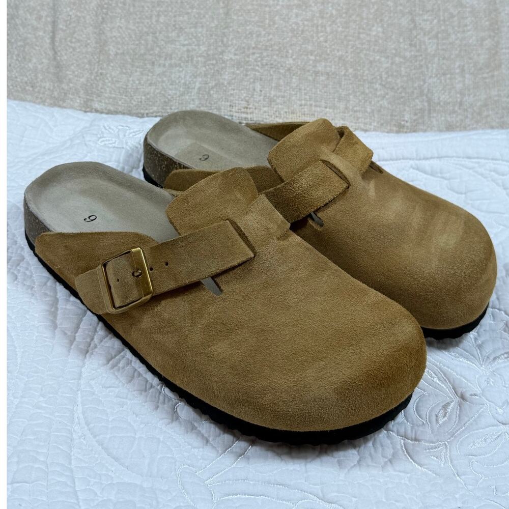 Quince Women 9 Tan Suede Slip On Clog Adjustable Strap Casual Comfort Mule Shoes